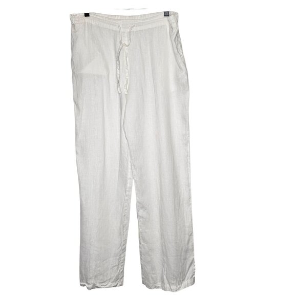 Dolma S/M White Linen Drawstring Pants Elastic Waist & Pockets Pull On Wide Leg - Picture 1 of 12